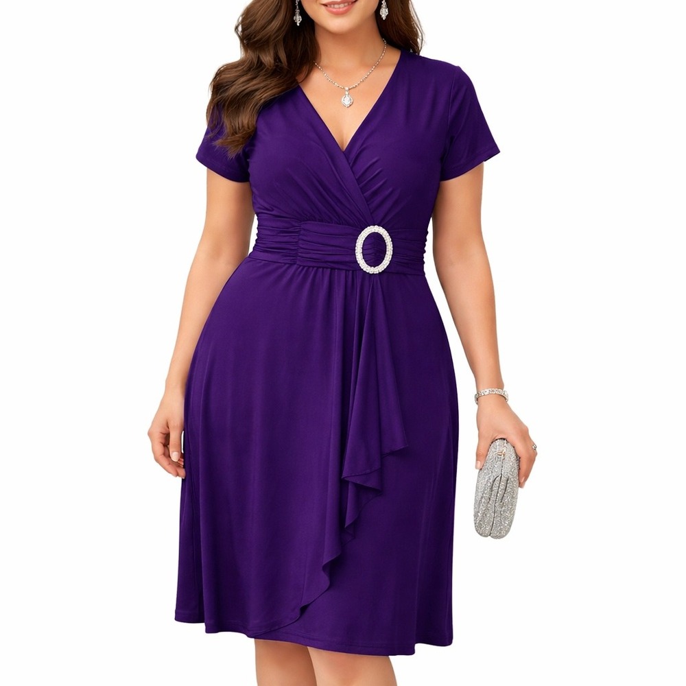R&M Richards Purple Surplice Neckline Elegant Dress M Rhinestone Buckle Size 10